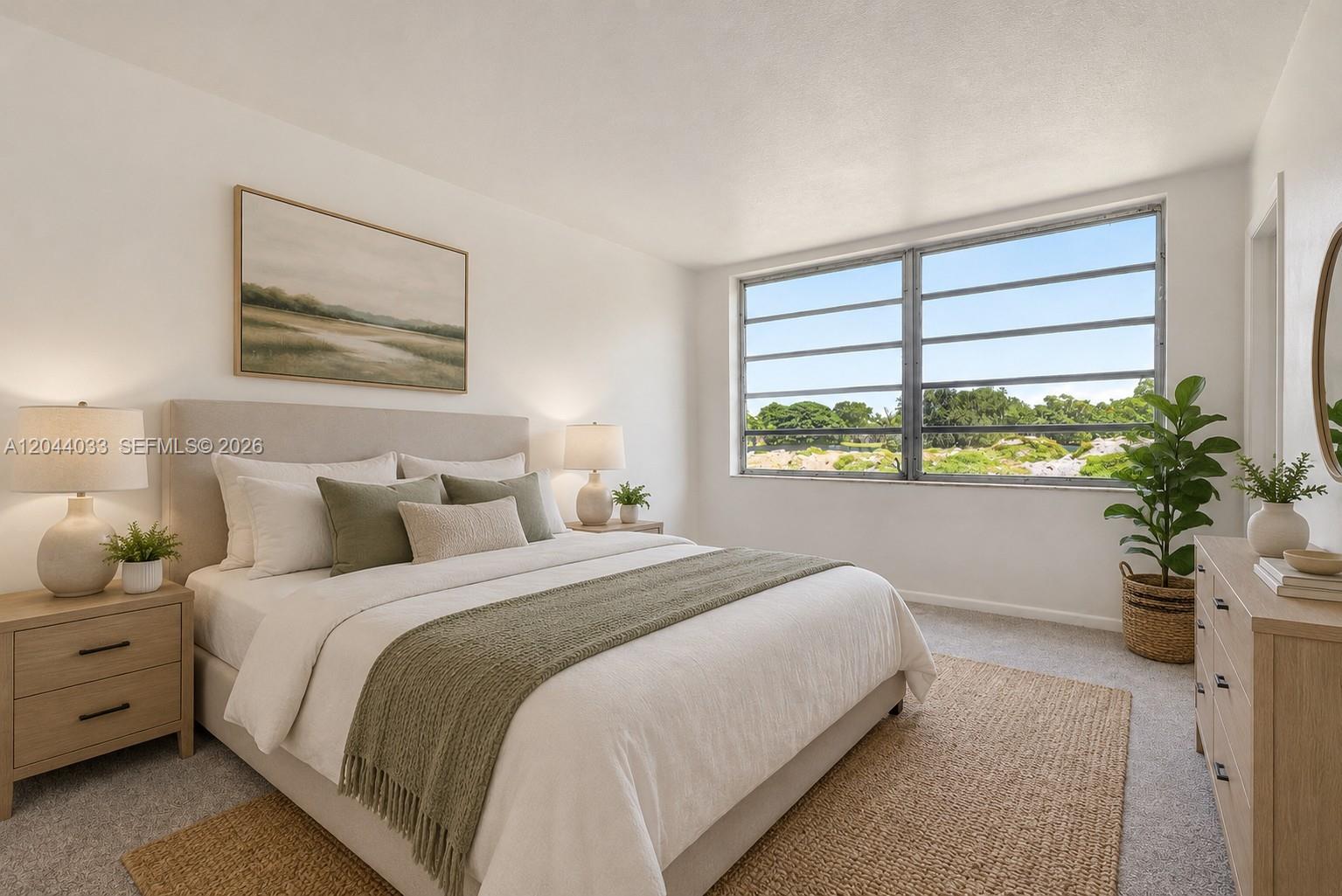 A bedroom features a bed with neutral bedding, two nightstands, a dresser, and a large window — 1501 NE 191st St # C203, Miami FL 33179, MIAMI, FL