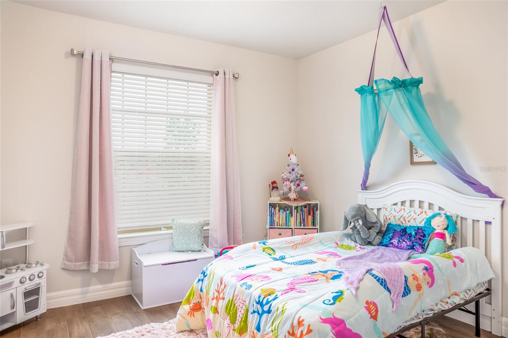 A child's bedroom features a mermaid-themed bed with a canopy, a window, and toy storage — 13877 CARLOW PARK DRIVE, RIVERVIEW, FL