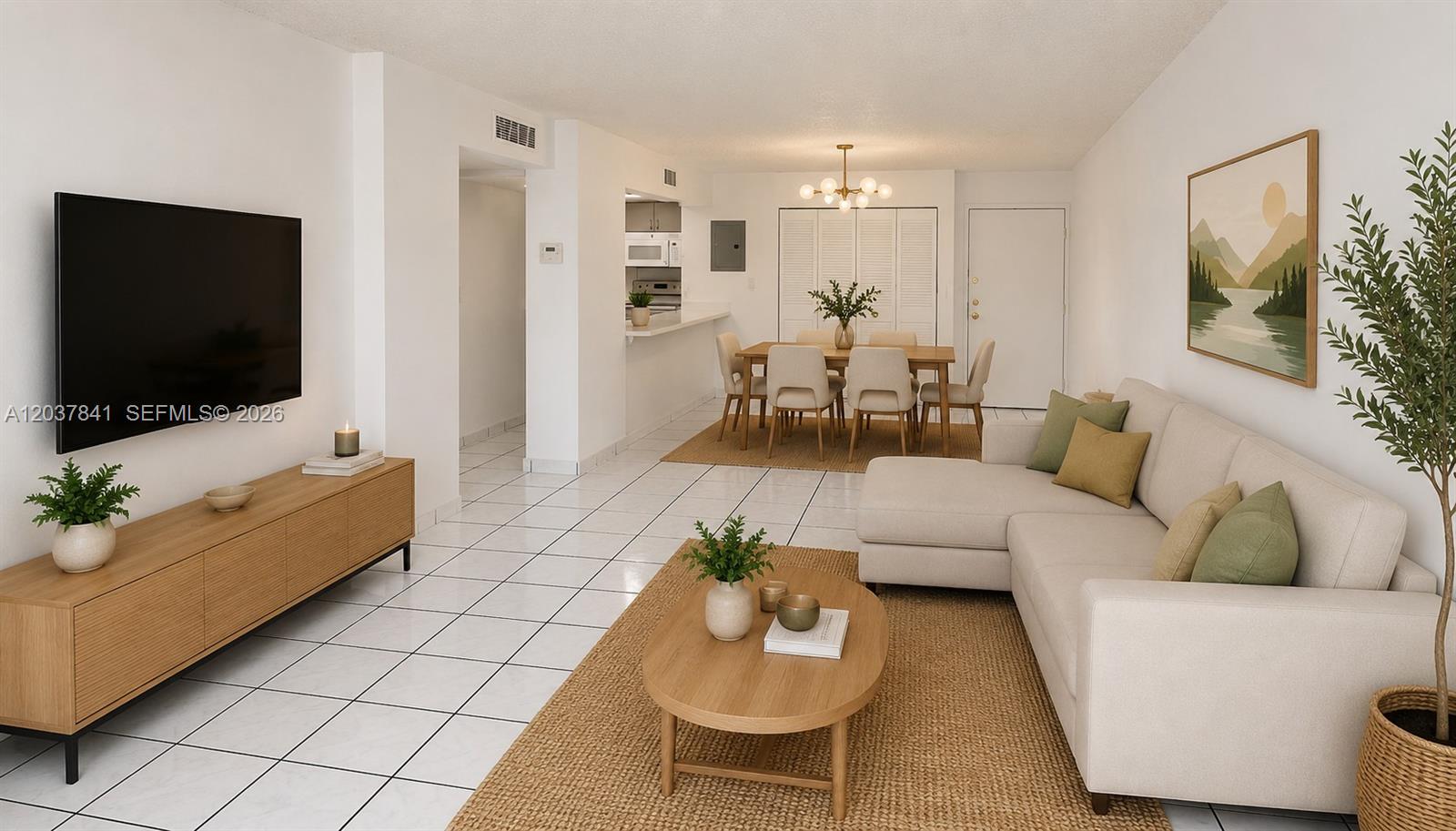 This is a digital rendering of an open-concept living and dining room with tile floors — 820 NW 87th Ave # 201, Miami FL 33172, MIAMI, FL