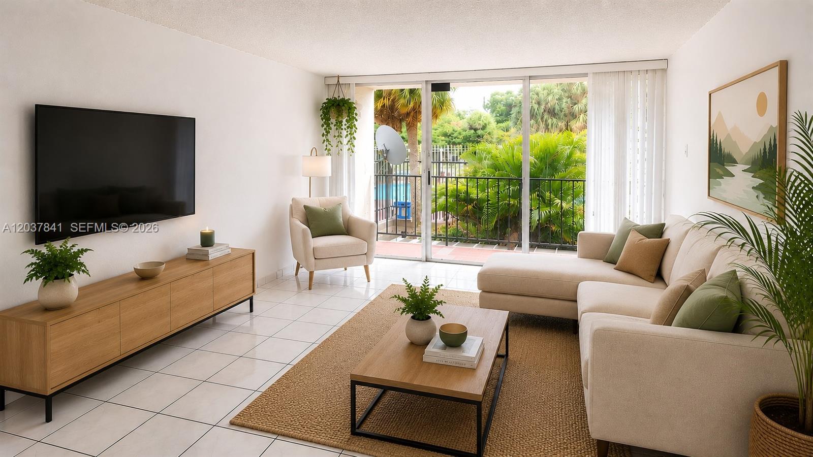 A living room features a beige sectional, wooden furniture, tile floors, and a balcony view — 820 NW 87th Ave # 201, Miami FL 33172, MIAMI, FL