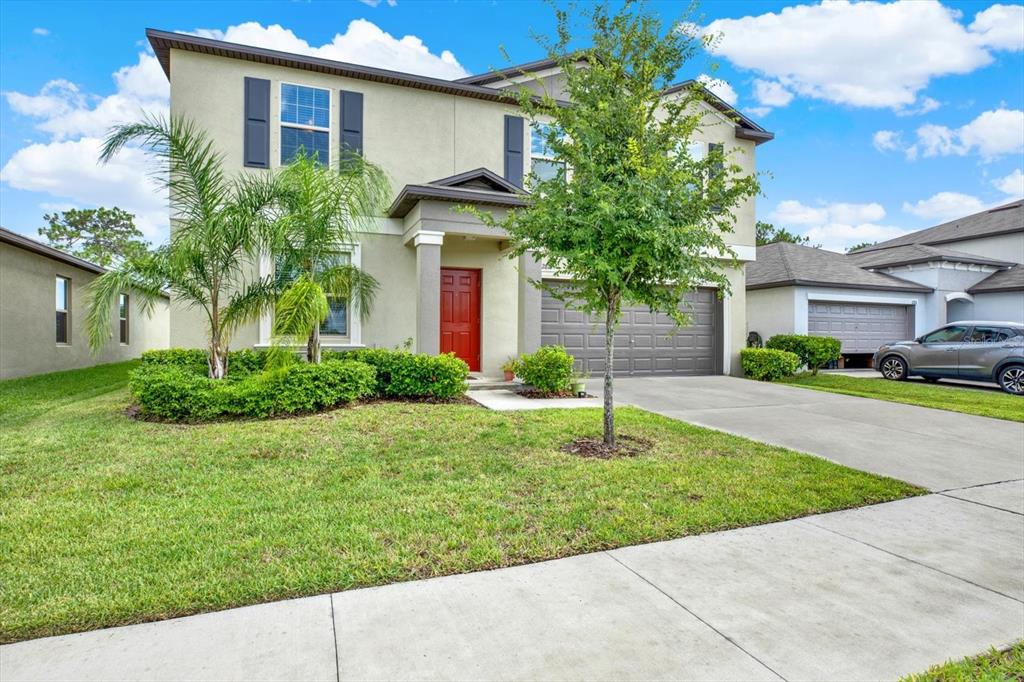 A two-story suburban house with a red front door, a two-car garage, and landscaping — 12813 WILDFLOWER MEADOW DRIVE, RIVERVIEW, FL
