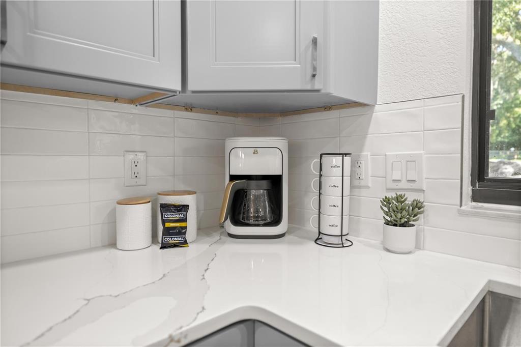 A kitchen corner features white quartz countertops, gray cabinets, and a white coffee maker — 10380 NW 21ST STREET, OCALA, FL