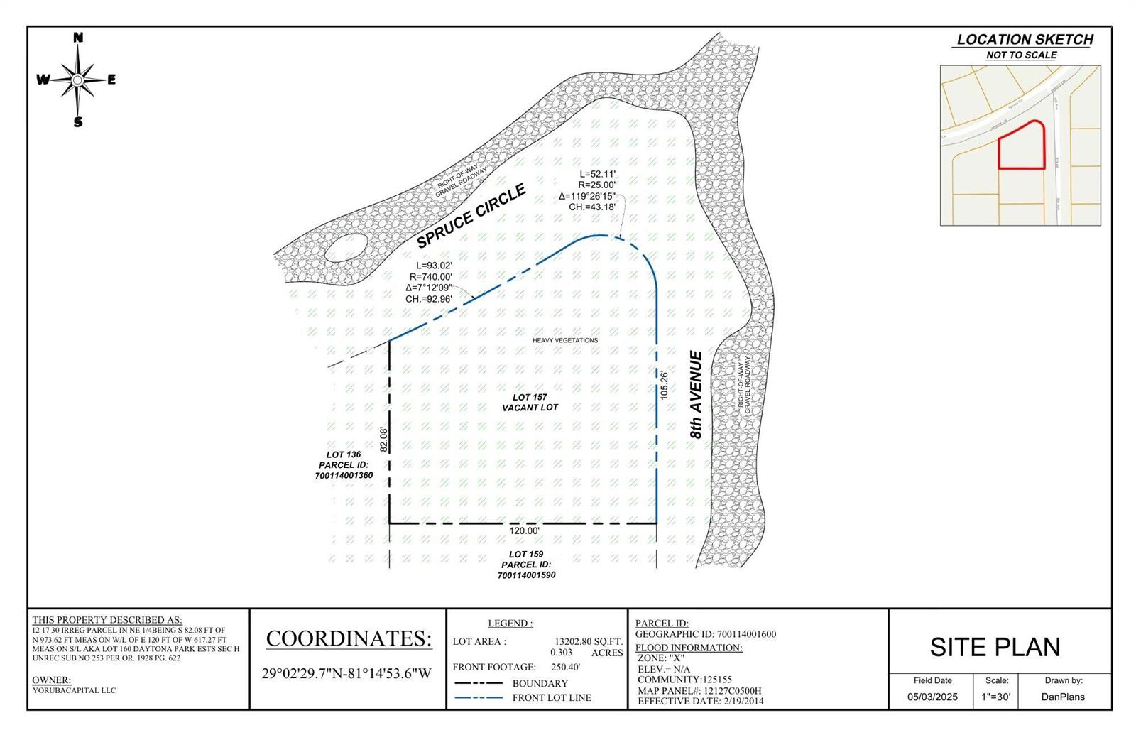 This is a site plan map showing the boundaries and dimensions of a vacant lot — 0 Deland, Deland FL 32724, DELAND, FL