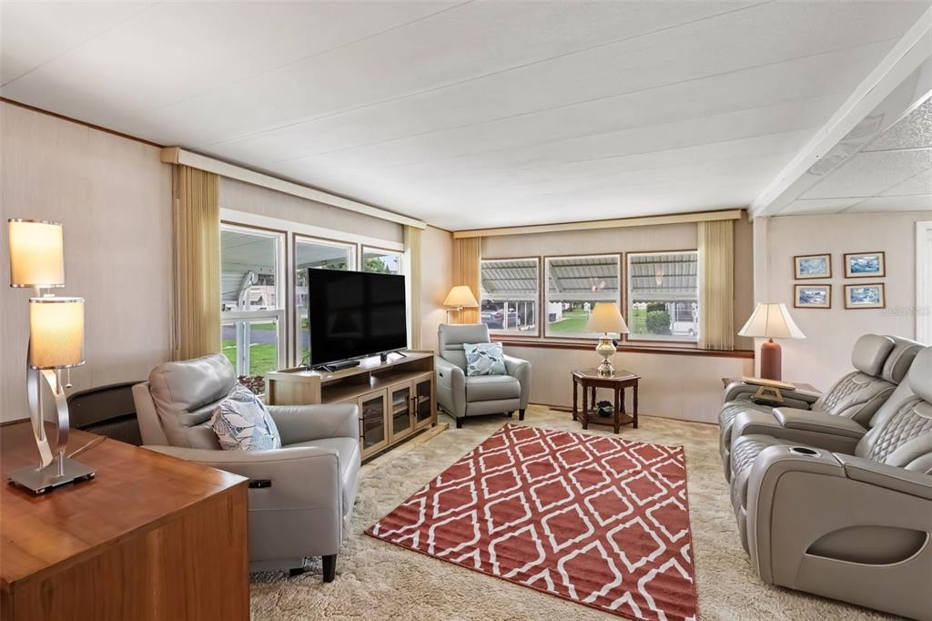 A living room features light-colored walls, carpeted floors, a red geometric rug, and grey recliners — 37249 HAMMOND DRIVE, ZEPHYRHILLS, FL