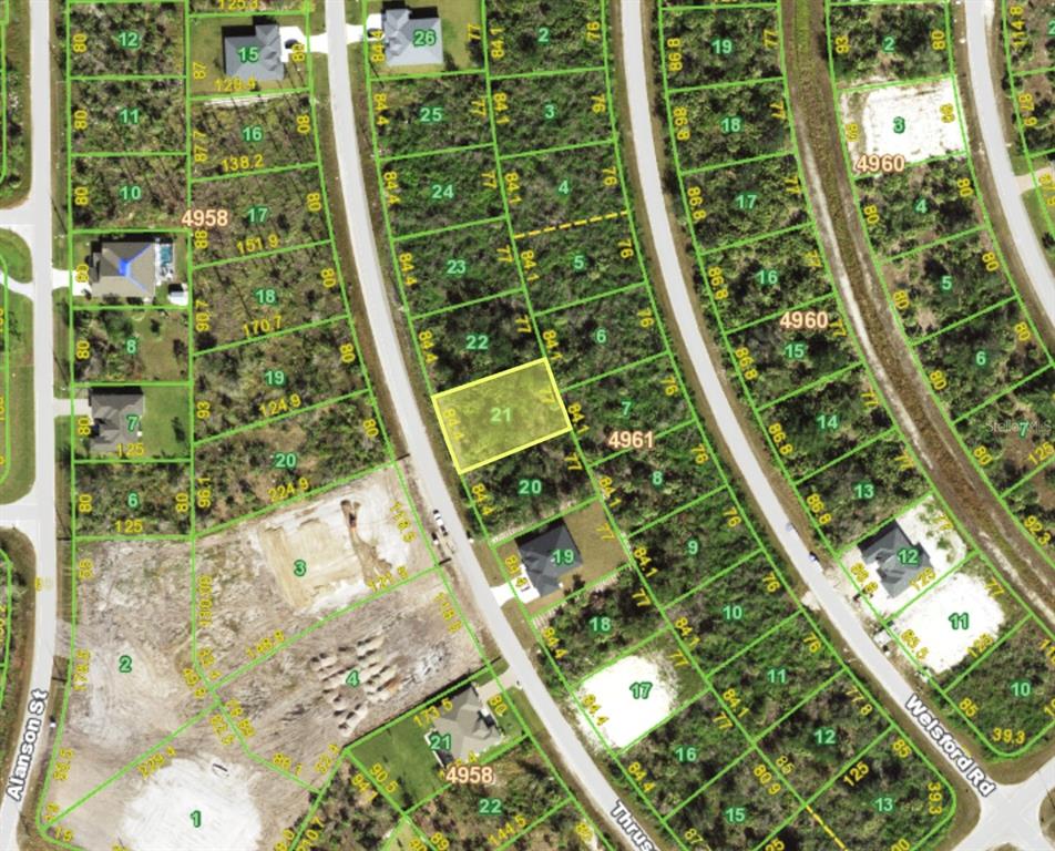 This is a map showing a highlighted vacant lot within a residential subdivision — 8094 THRUSO ROAD, PORT CHARLOTTE, FL