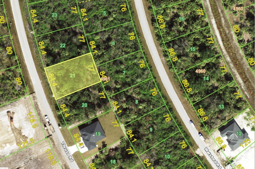 This is a satellite map showing a highlighted vacant residential lot among other undeveloped parcels — 8094 THRUSO ROAD, PORT CHARLOTTE, FL