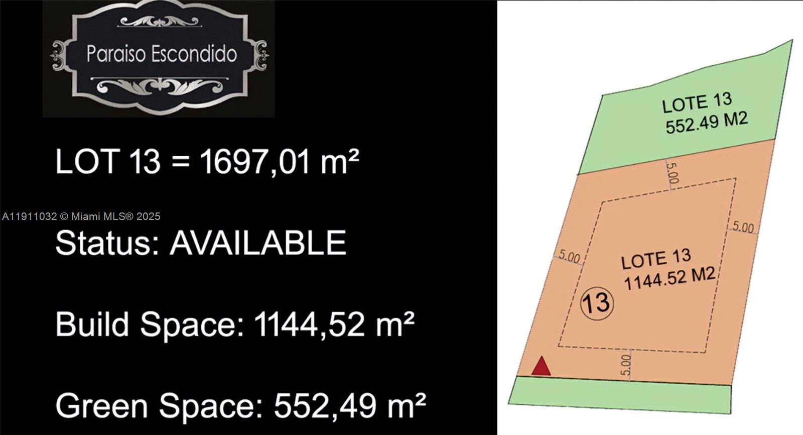 This image is a map showing the total, buildable, and green space areas for Lot 13 — Vereda Mampuesto Sector Garrido #13, C Colombia, C