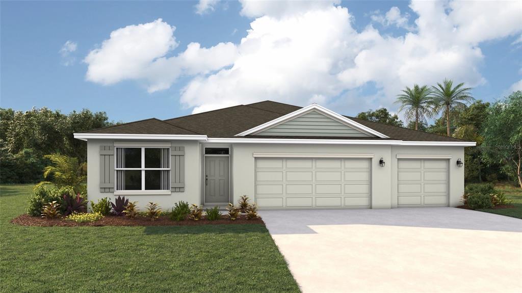 This is a digital rendering of a single-story house with a three-car garage — 17506 WHISKEY CREEK TRAIL, PARRISH, FL