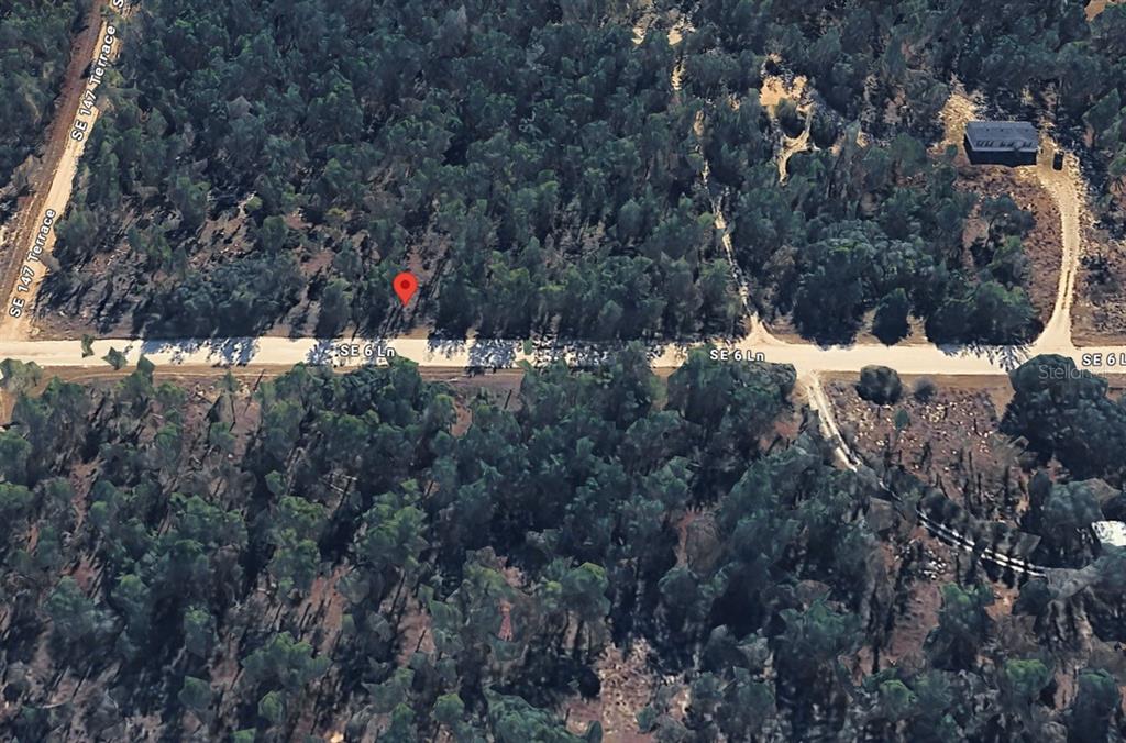 This aerial view shows a wooded, undeveloped plot of land located along a dirt road — 14710 SE 6TH LANE, WILLISTON, FL