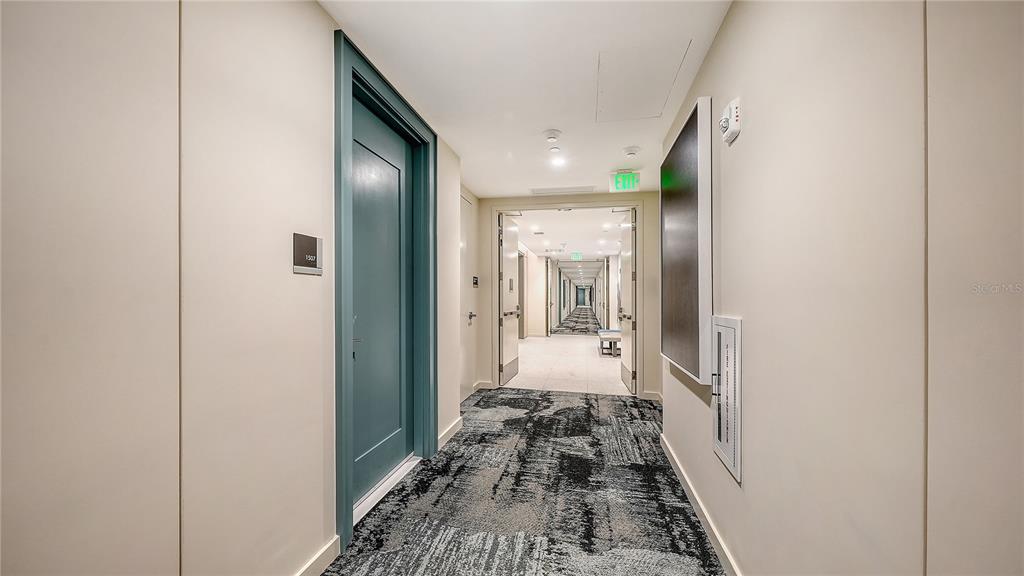 A hallway features a teal door, patterned carpet, and an open doorway leading to another corridor — 301 QUAY UNIT 1507, SARASOTA, FL
