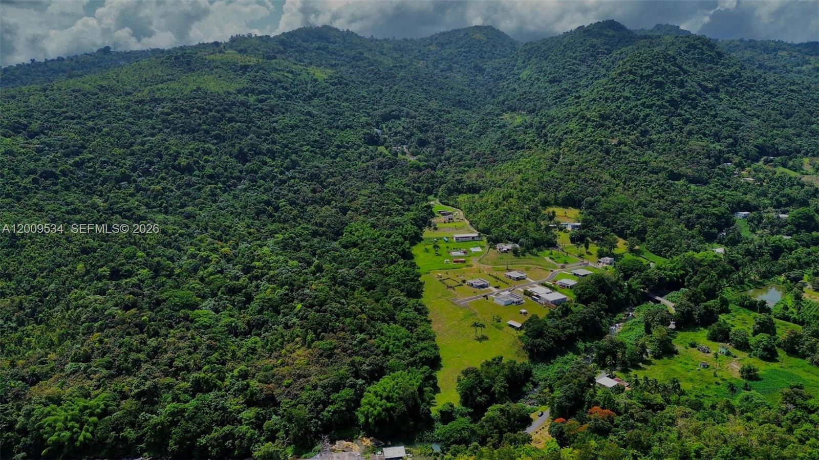 An aerial view shows a small cluster of houses situated in a lush, mountainous valley — PR 185 KM 7.3 INT Campo Rico, Canovanas, PR 00729, PR