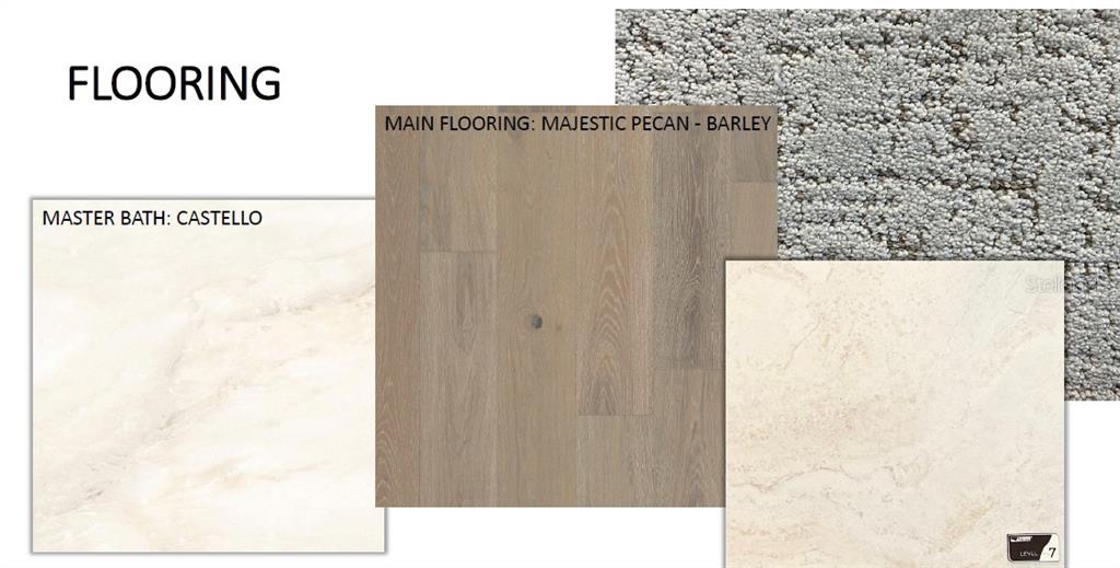 This image displays four different flooring samples including wood, tile, and carpet options — 9605 SHIMMERING WATERS PLACE, BRADENTON, FL