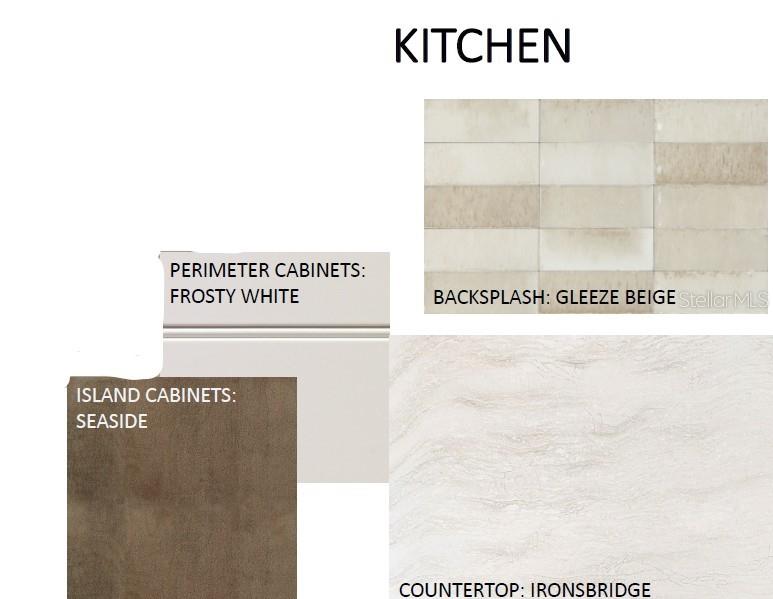 This design board displays kitchen finishes including white and brown cabinets, beige tile, and countertops — 9605 SHIMMERING WATERS PLACE, BRADENTON, FL