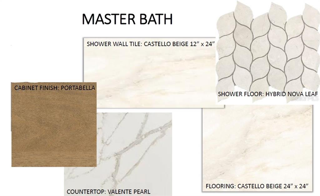 This design board displays material samples for a master bathroom, including tile, cabinetry, and countertops — 9605 SHIMMERING WATERS PLACE, BRADENTON, FL