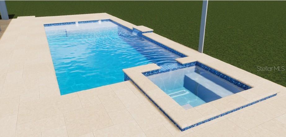 A digital rendering of a rectangular swimming pool with an attached spa and light-colored pavers — 9605 SHIMMERING WATERS PLACE, BRADENTON, FL