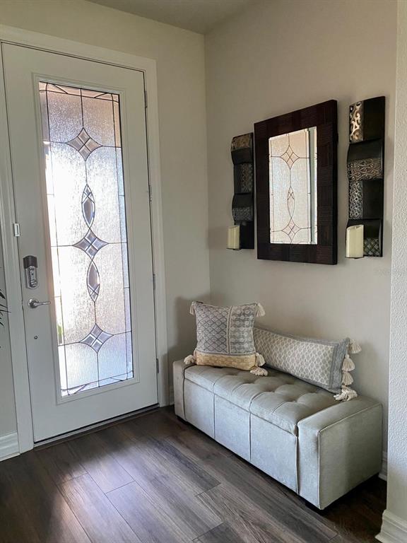 An entryway features a white door with a decorative glass panel, a tufted bench, and wall-mounted decor — 11723 BRIGHTON KNOLL LOOP, RIVERVIEW, FL
