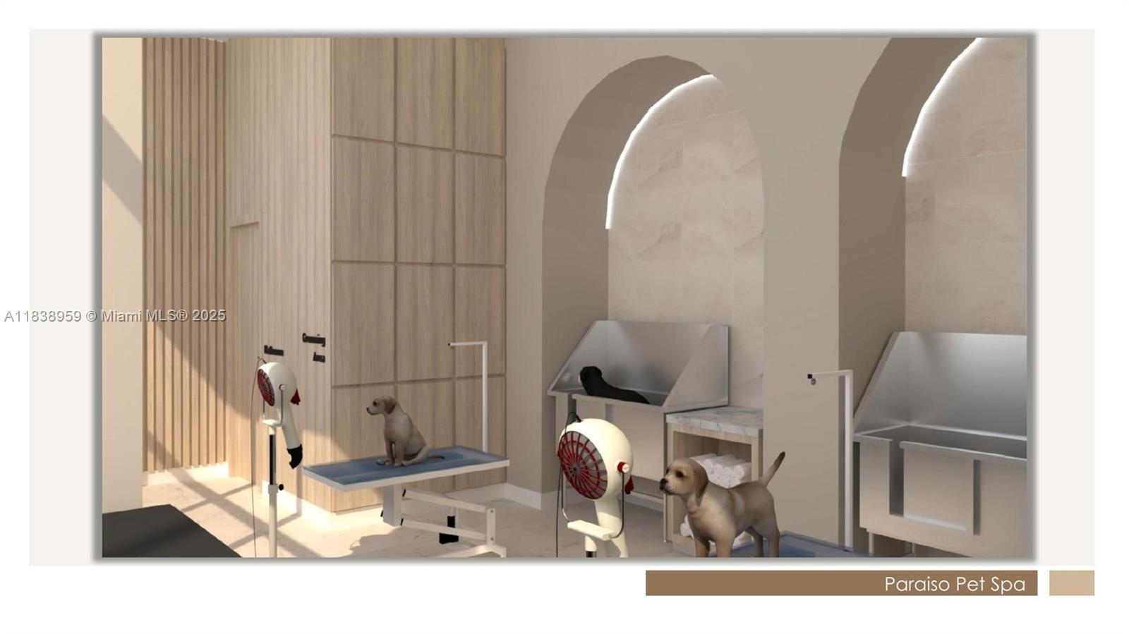 This rendering shows a modern pet spa with grooming stations, stainless steel tubs, and dogs — 501 NE 31st St, Miami FL 33137, MIAMI, FL