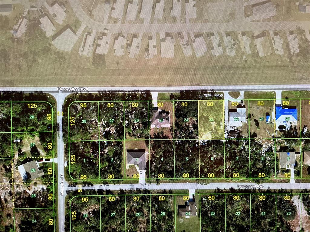 This is a satellite map showing residential lots and street layouts — 13349 CHANCELLOR BOULEVARD, PORT CHARLOTTE, FL