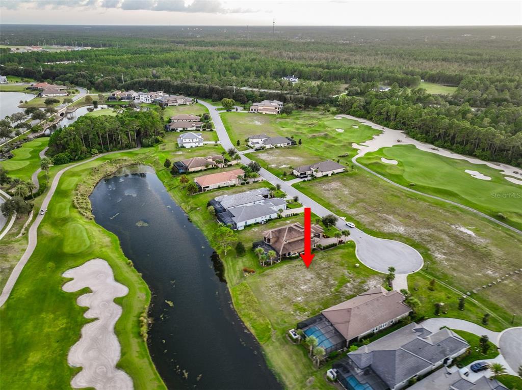 An aerial view shows a vacant residential lot situated between two houses near a pond — 359 HIBISCUS WAY, PALM COAST, FL