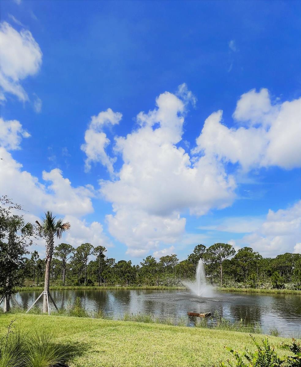 A fountain sprays water in the center of a pond surrounded by trees and grass — 240 Osprey Preserve Boulevard, Jensen Beach FL 34957, JENSEN BEACH, FL