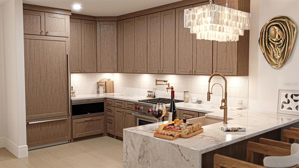 This rendering shows a modern kitchen with wood cabinets, marble countertops, and a gold faucet — 2360 OCEAN SHORE BOULEVARD UNIT 2, ORMOND BEACH, FL
