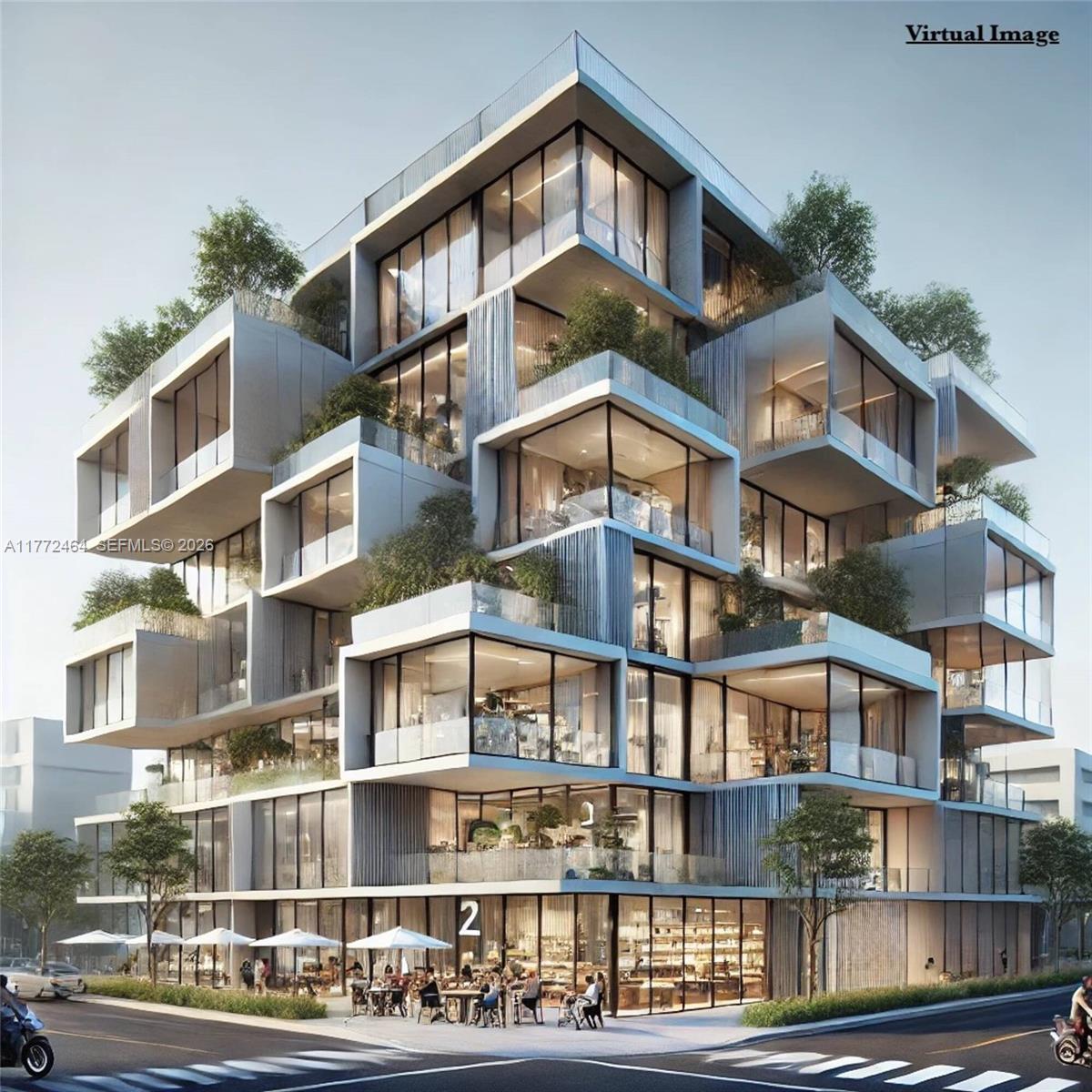 A rendering of a modern, multi-story building featuring stacked glass units and integrated rooftop greenery — 1405 NW 79th St, Miami FL 33147, MIAMI, FL