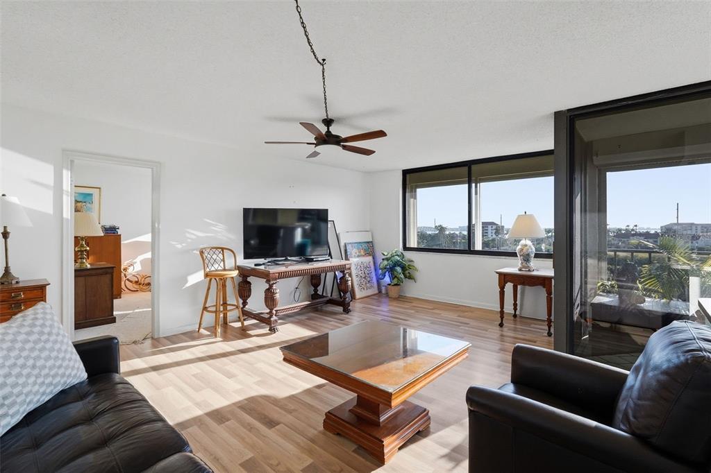 A living room features wood-look flooring, a ceiling fan, a television, and large windows — 6269 PALMA DEL MAR BOULEVARD S UNIT 608, ST PETERSBURG, FL