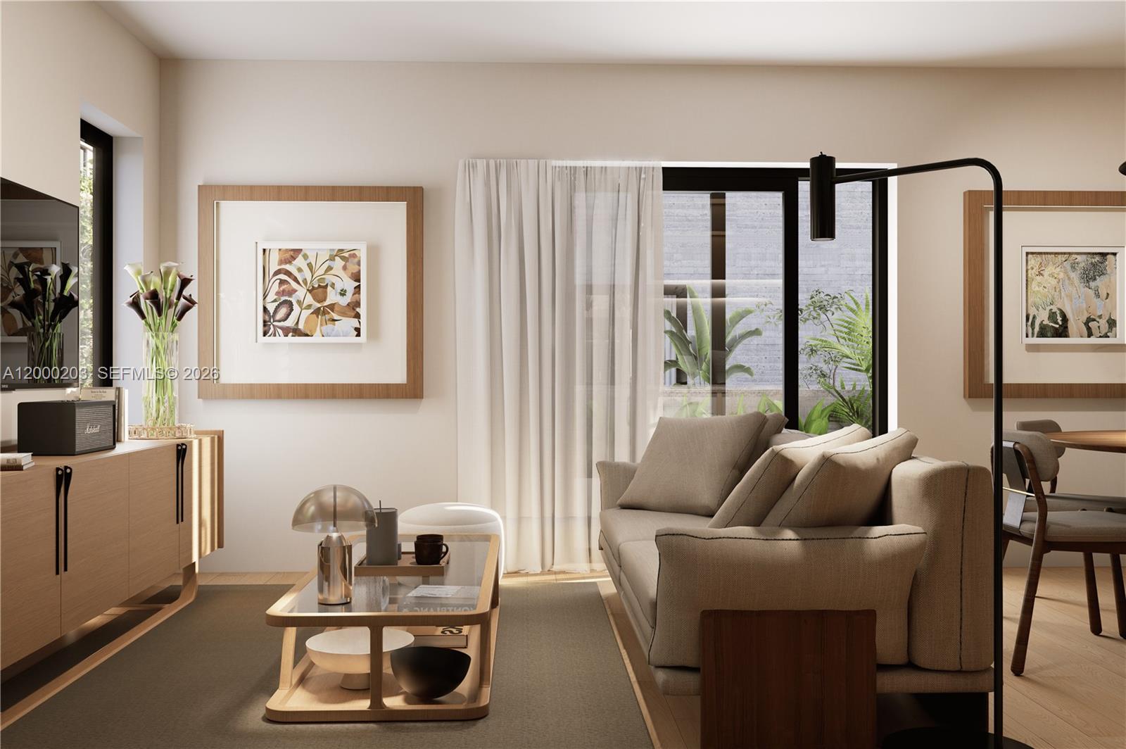 This rendering shows a modern living room with a beige sofa, coffee table, and artwork — 1534 SW 3rd Street, Miami FL 33135, MIAMI, FL