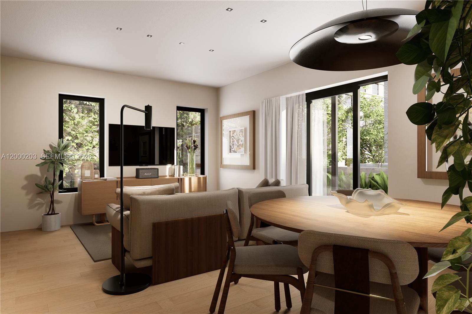 This rendering shows a modern living and dining area with neutral furniture and large windows — 1534 SW 3rd Street, Miami FL 33135, MIAMI, FL