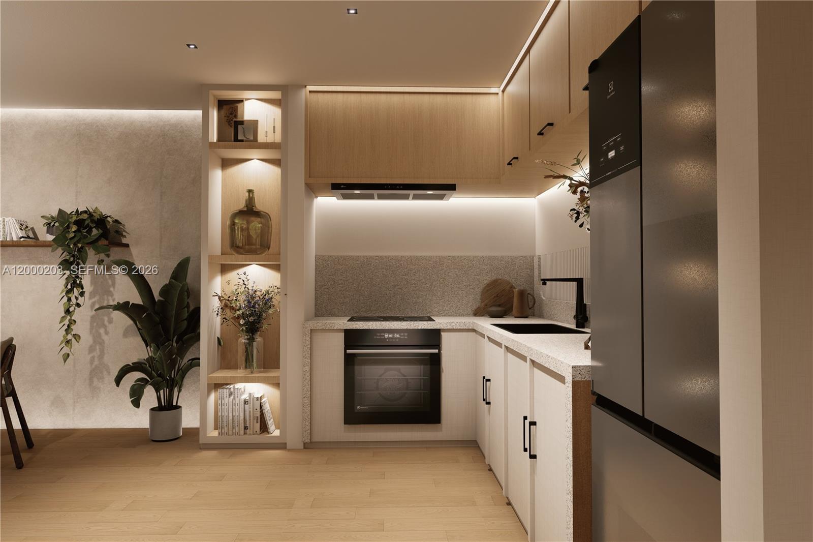 This rendering shows a modern kitchen with light wood cabinets, white countertops, and integrated appliances — 1534 SW 3rd Street, Miami FL 33135, MIAMI, FL