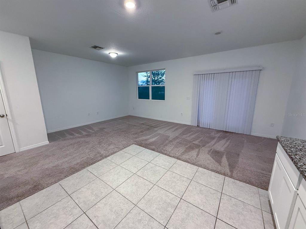 An open-concept living area features carpeted flooring, a tile kitchen floor, and sliding glass doors — 193 MANDOVI ST, DAVENPORT, FL