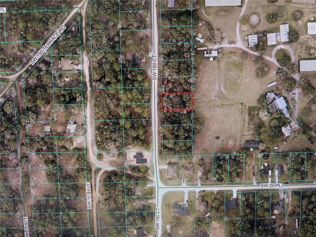 This aerial map shows a rectangular plot of land outlined in red near a road — 1781 SW 150TH COURT, OCALA, FL