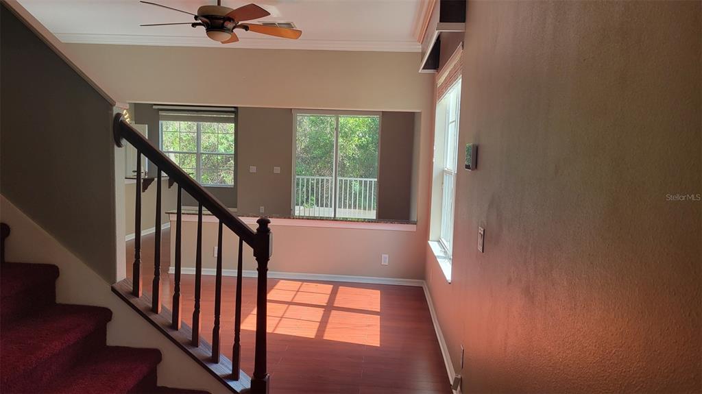 A staircase with red carpet leads down to a living area with wood-look flooring — 1443 HILLVIEW LANE, TARPON SPRINGS, FL