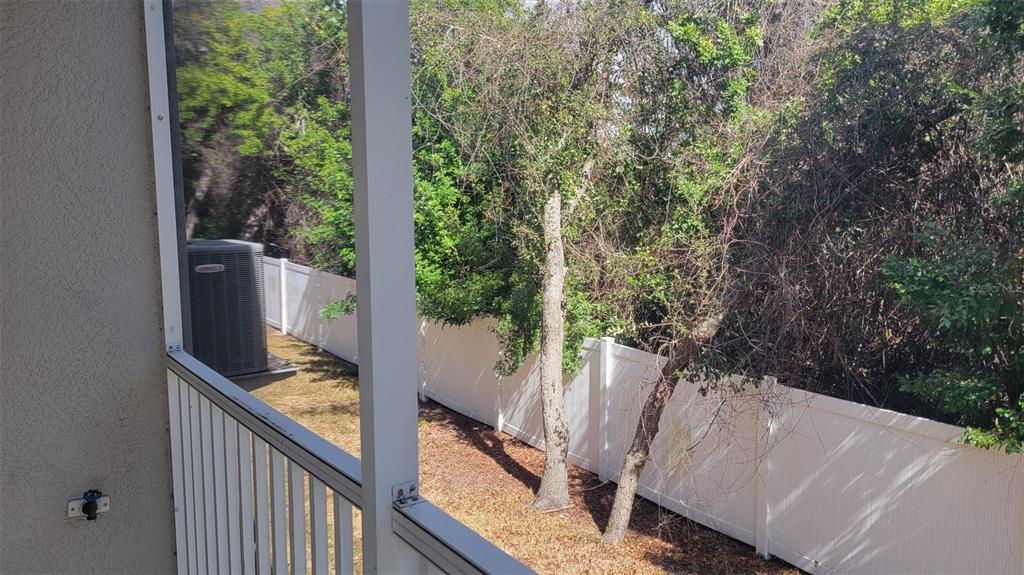 A view from a screened balcony overlooking a backyard with trees and a white fence — 1443 HILLVIEW LANE, TARPON SPRINGS, FL