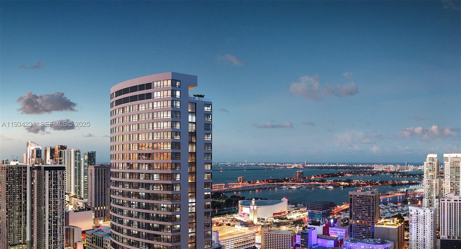 This is a rendering of a modern high-rise building overlooking a city skyline and bay — 225 N Miami Ave # 1708, Miami FL 33128, MIAMI, FL