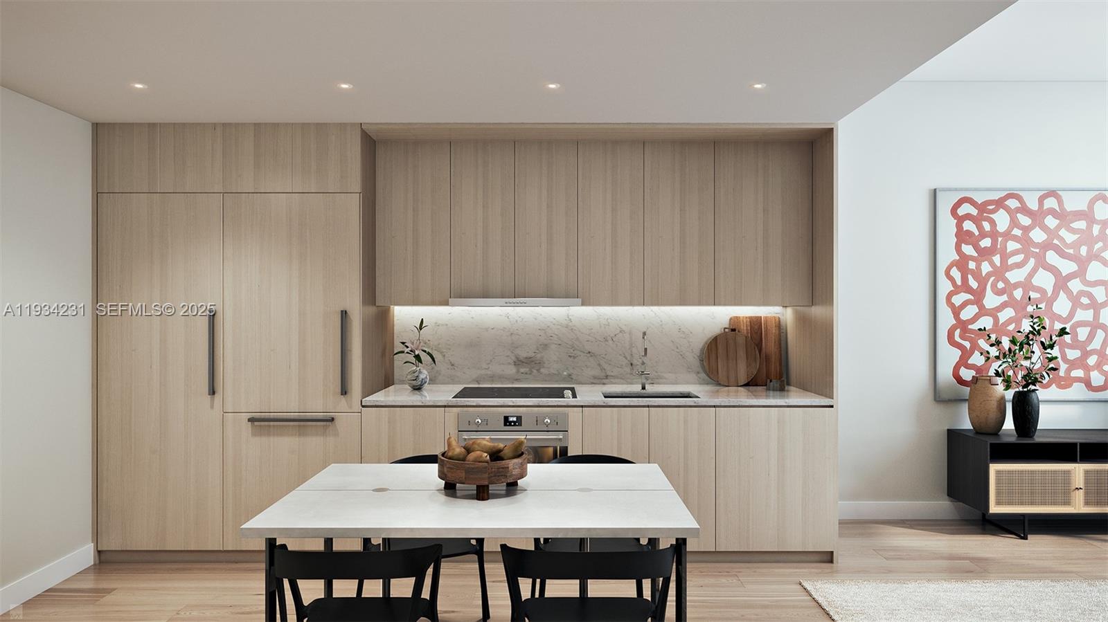 This rendering shows a modern kitchen with light wood cabinetry, marble backsplash, and a dining table — 225 N Miami Ave # 1708, Miami FL 33128, MIAMI, FL