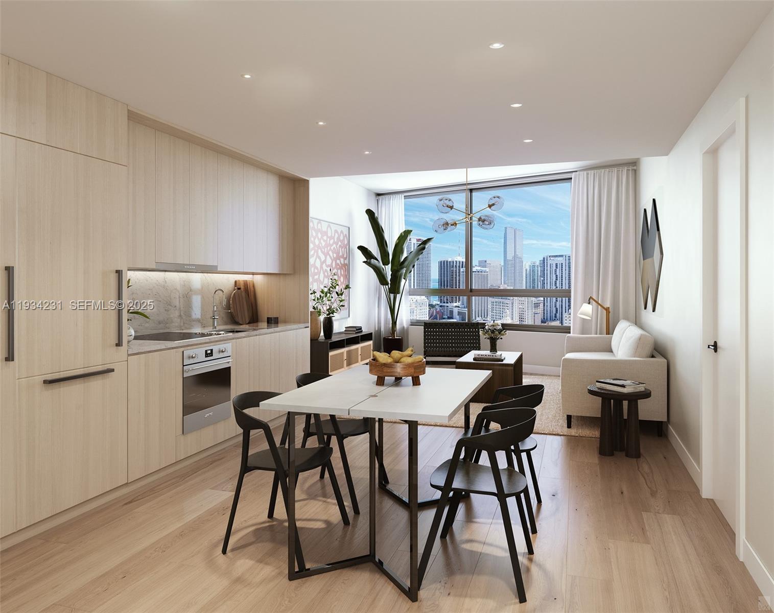 This rendering shows a modern studio apartment with a kitchen, dining area, and city view — 225 N Miami Ave # 1708, Miami FL 33128, MIAMI, FL