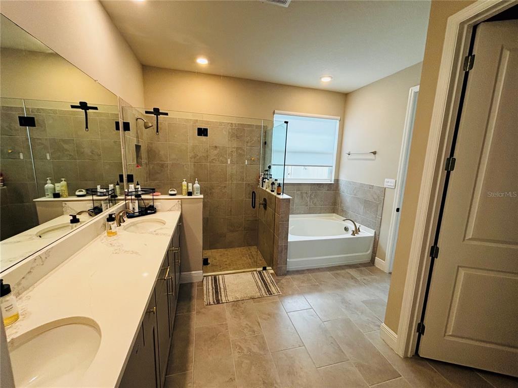 A bathroom features a double vanity, a glass-enclosed shower, and a separate soaking tub — 23302 SCAGLIONE DRIVE, LUTZ, FL