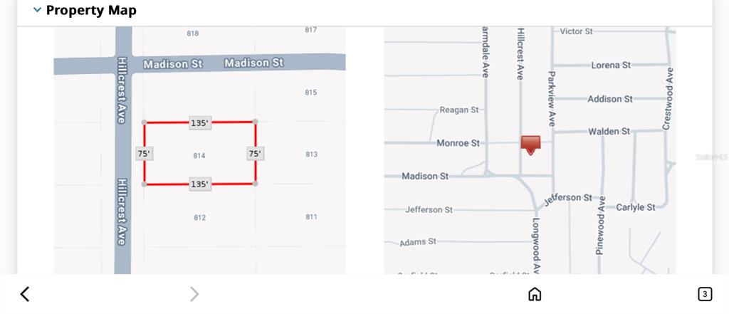 This property map shows a rectangular lot with dimensions of 135 feet by 75 feet — 814 HILLCREST AVENUE, INVERNESS, FL