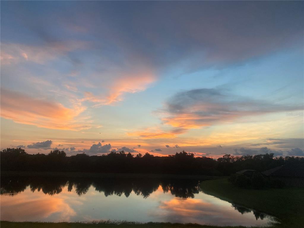 A sunset reflects over a calm pond bordered by a dark treeline and grassy lawn — 16121 61ST LANE E, PARRISH, FL