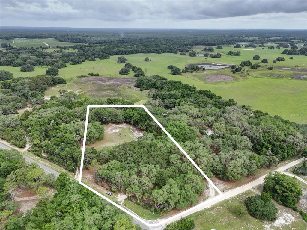 An aerial view shows a wooded lot outlined in white situated near a rural road — 156 KINGFISH ROAD, POMONA PARK, FL