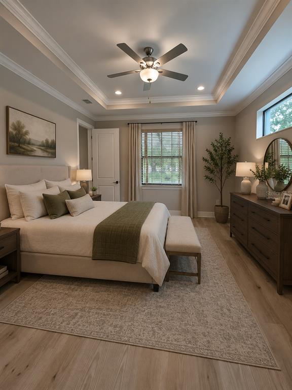 A bedroom features a tray ceiling, a bed with green accents, and a wooden dresser — 5934 SUMMIT VIEW DRIVE, BROOKSVILLE, FL
