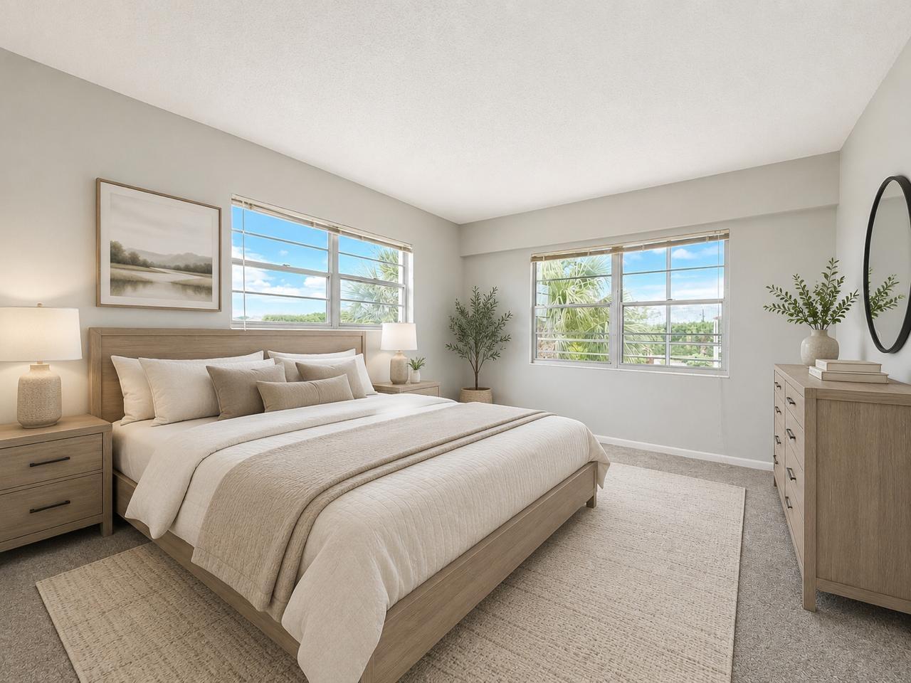 A bedroom with a king bed, wooden furniture, and two windows overlooking trees — 365 Brighton I # I, Boca Raton FL 33434, BOCA RATON, FL