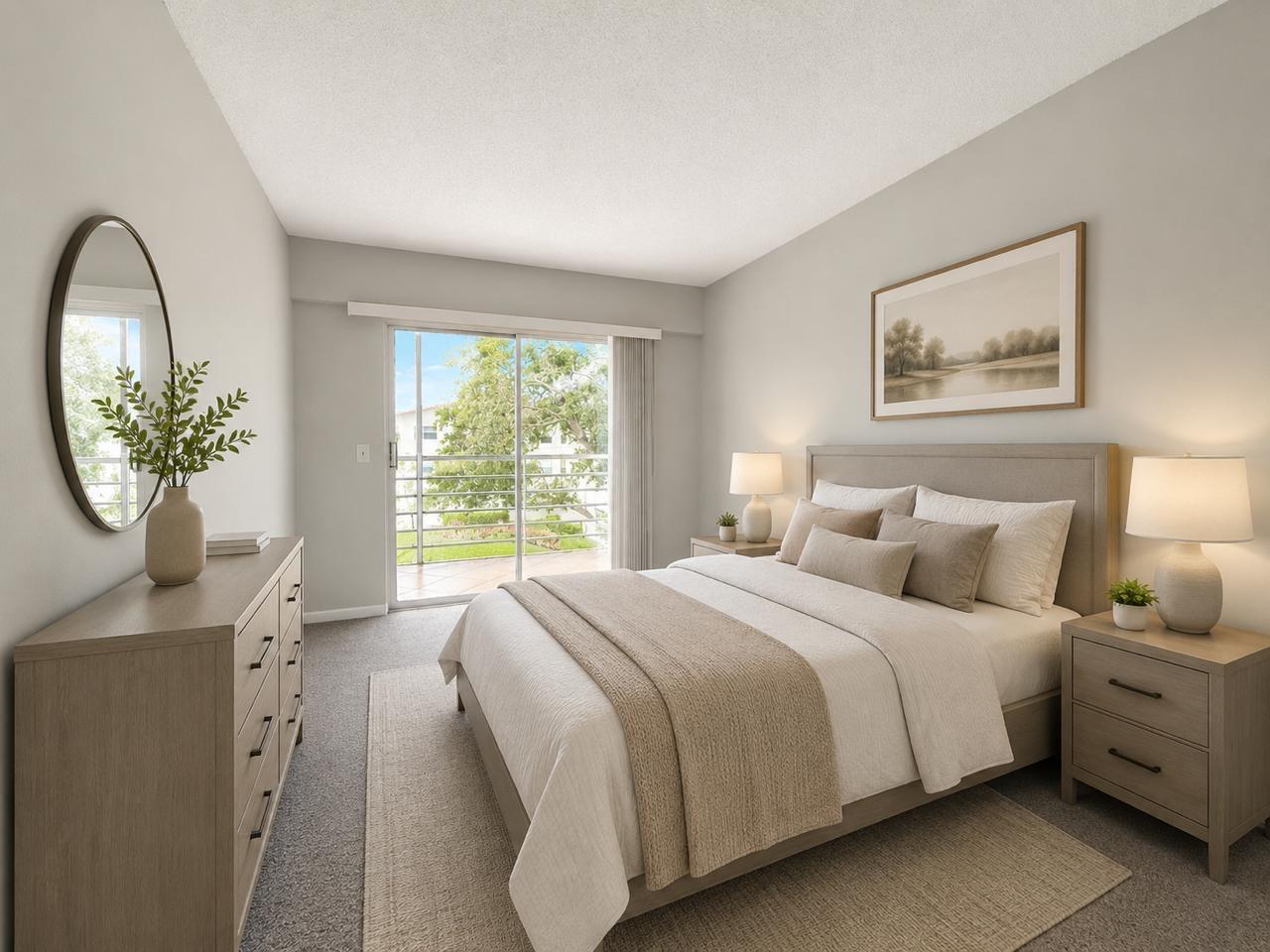 A bedroom with a queen bed, dresser, nightstands, and a sliding glass door to a balcony — 365 Brighton I # I, Boca Raton FL 33434, BOCA RATON, FL