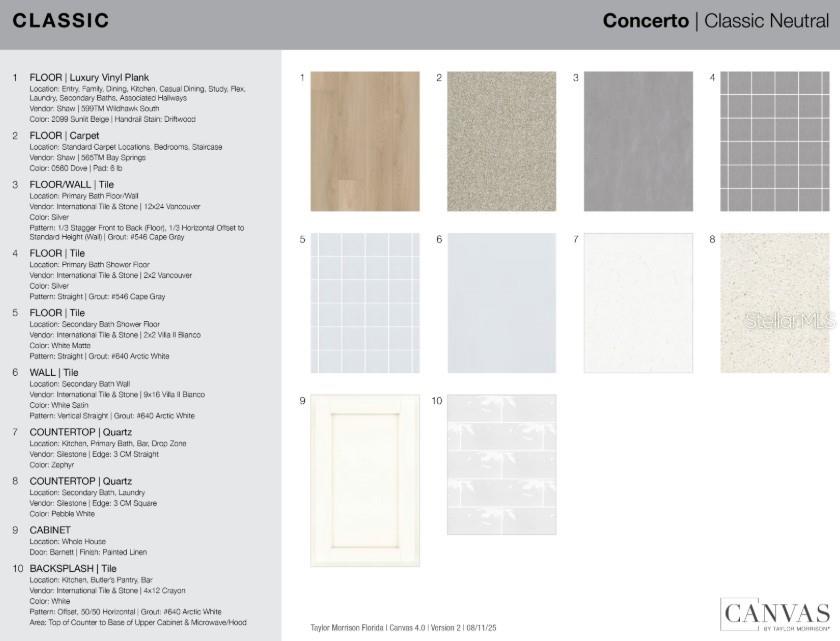 This document displays a design selection board for a home interior featuring various finish samples — 3437 LUMBER FALLS DRIVE, PLANT CITY, FL