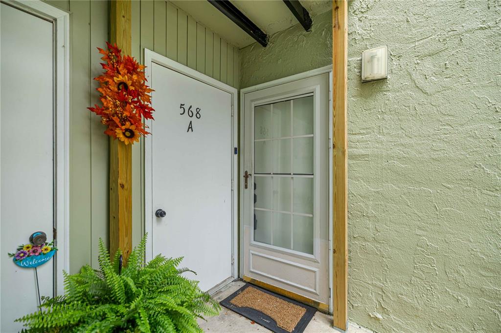 An exterior view of a residential entrance with two white doors and a potted fern — 568 FAIRWAYS CIRCLE UNIT A, OCALA, FL