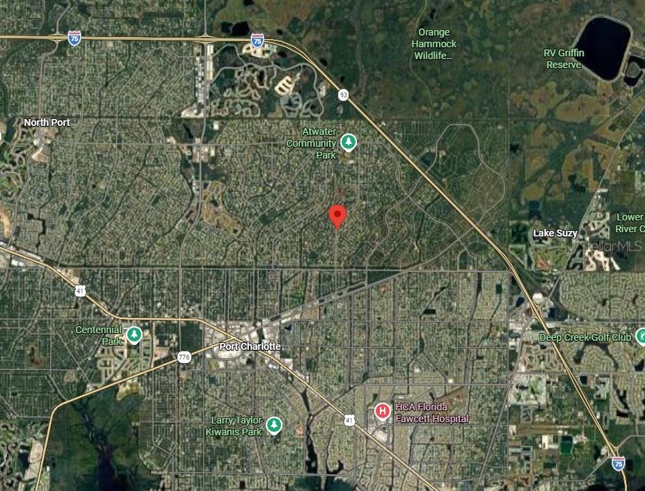 This is a satellite map showing the location of a property in Port Charlotte, Florida — Lot 3 ATWATER DRIVE, NORTH PORT, FL