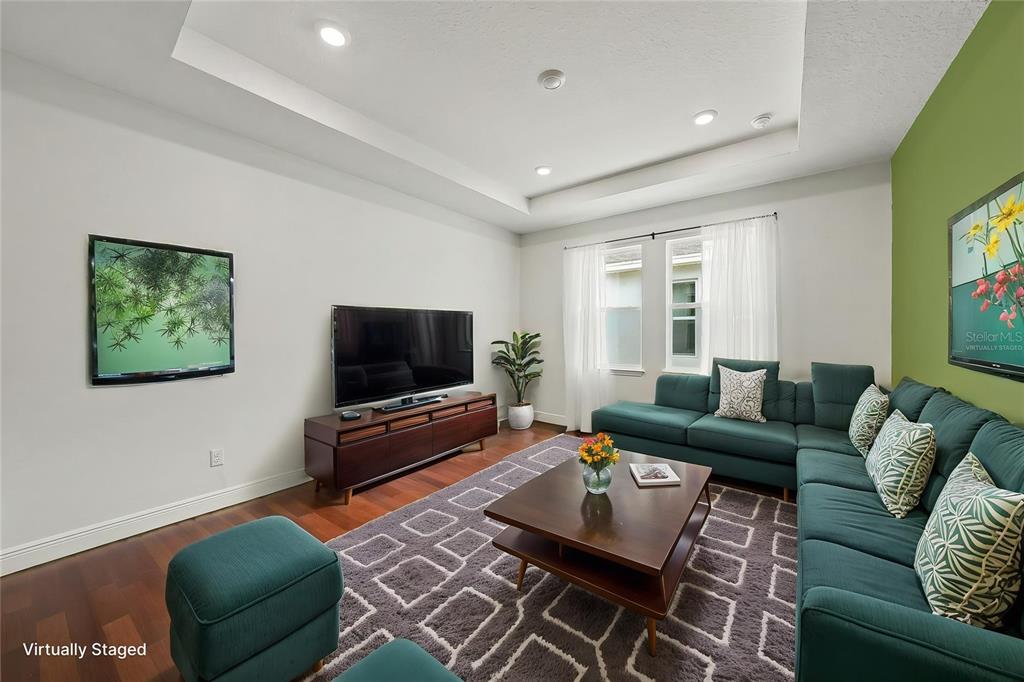 A living room with a sectional sofa, television, coffee table, and a green accent wall — 23231 SCAGLIONE DRIVE, LUTZ, FL