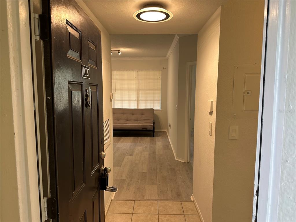 A view from an open front door into a hallway leading to a living area — 2598 ROBERT TRENT JONES DRIVE UNIT 1027, ORLANDO, FL