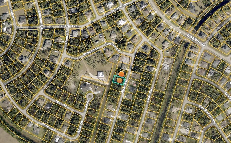 This is an aerial map showing two adjacent residential lots highlighted on Elias Circle — ELIAS CIRCLE, NORTH PORT, FL